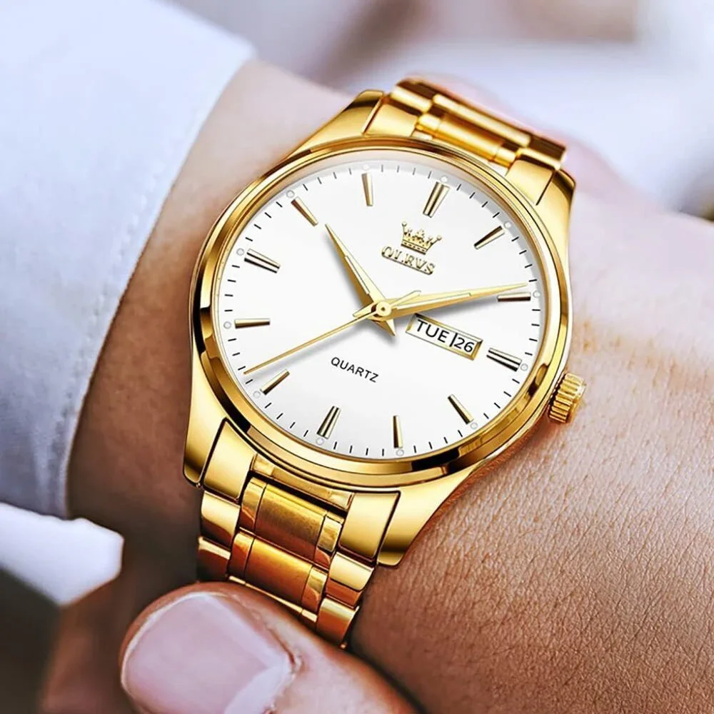 Olevs Men's Gold Steel White Stainless Steel Man Watch Luminous Stylish Watch